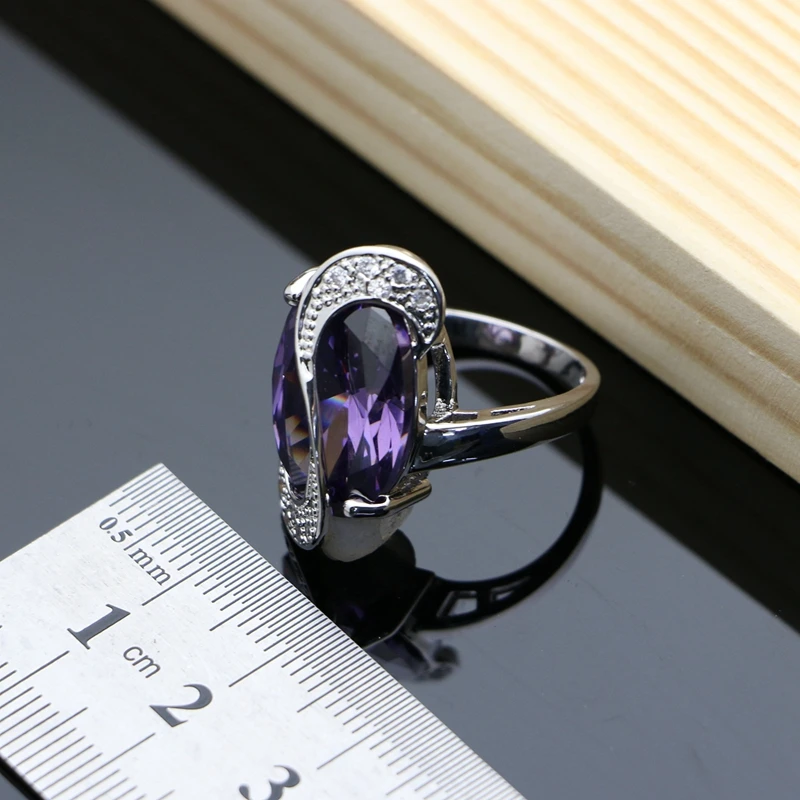 Natural Purple Amethyst White Topaz Silver 925 Jewelry Set Gemstone Birthstone Exquisite Lady Earring Ring Necklace Fashion Kit