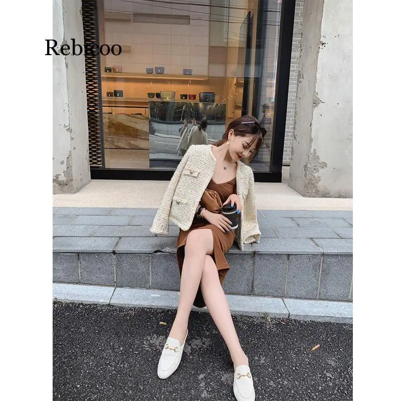 Style Graceful Coat Spring And Autumn Short Female White Elegant Tweed Wool Loose-Fit Coat