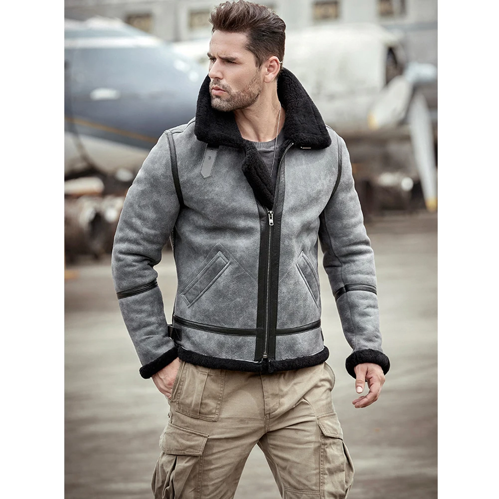 B3 Shearling Jacket Sheepskin Coat Mens Gray Fur Coat Leather Jacket Motorcycle Jacket Mens Winter Coats