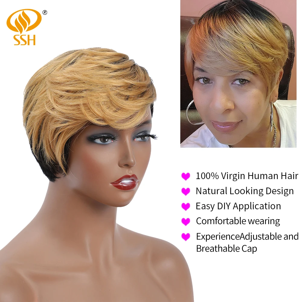 SSH Short Honey Blonde Ombre Color Brazilian Hair Bob Wig With Bangs Pixie Cut Straight Machine Made Human Hair Wigs For Women