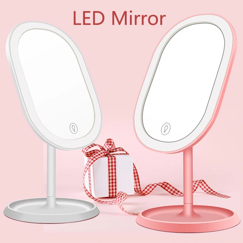 

LED Fill Light Mirror Makeup Mirror Touch Tri-color Light Beauty Mirror Oval Makeup Mirror USB Rechargeable Double-sided Mirror