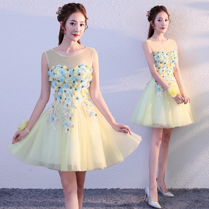 

Free ship light yellow/grey flowers tutu lovely sleeve short lolita dress/stage performance/studio/can customs size
