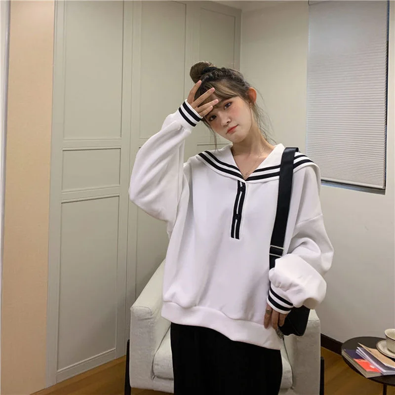 Y2k Sweatshirts Women Sailor Collar Design Popular Preppy Style Lovely School Girls Minimalist Autumn Streetwear Classy Female