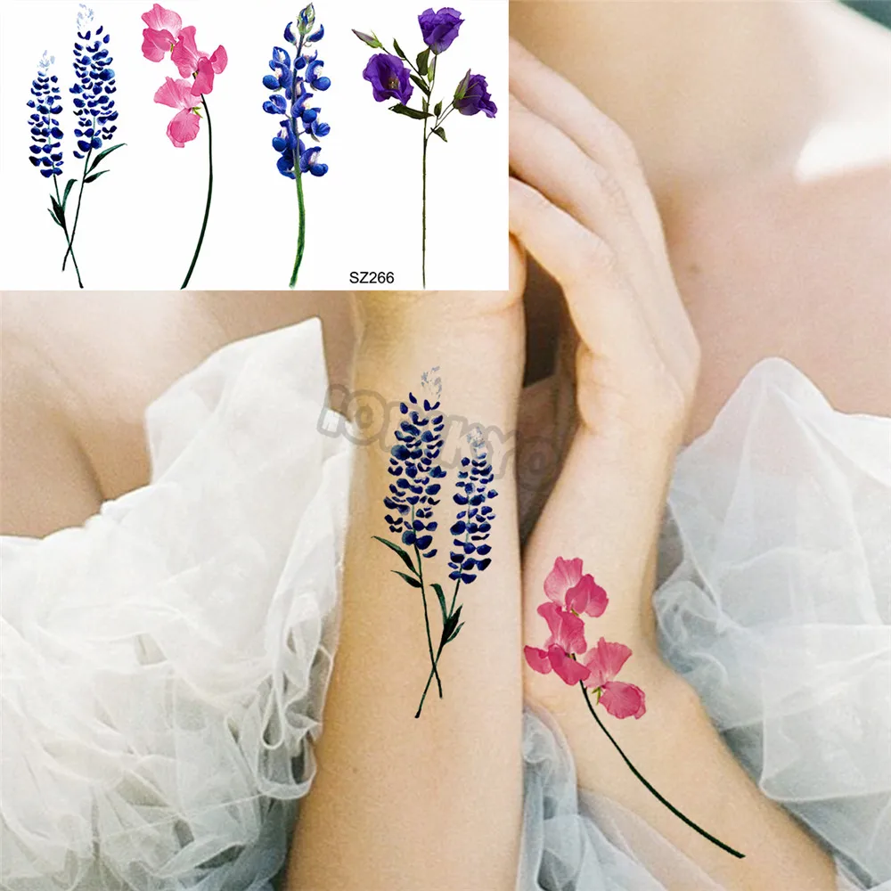 Watercolor Lavender Flower Small Temporary Tattoos For Women Girls Daisy Peony Creative Fake Tattoo Sticker Arm Neck Tatoos