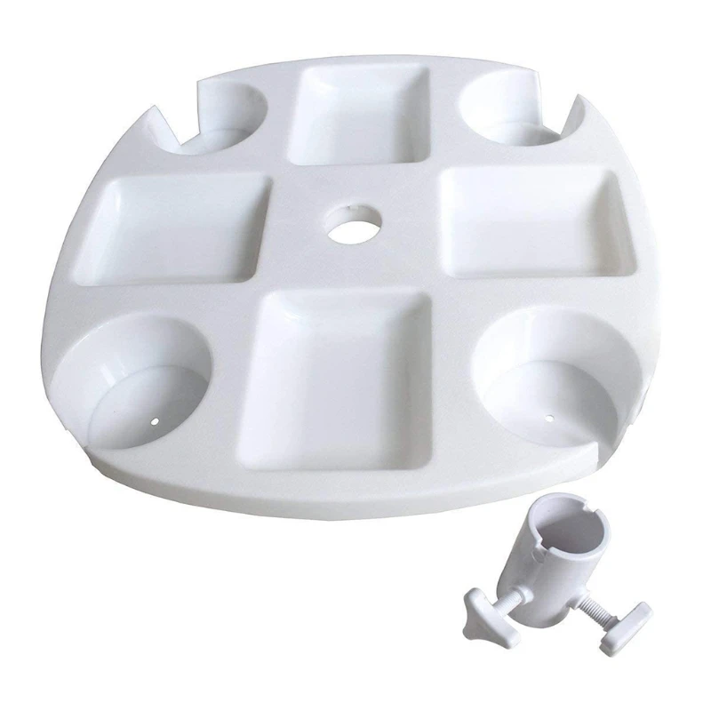 Plastic Beach Umbrella Table Tray with Hanging Hook, White Cup Holder, Compartments, Beach Patio Garden