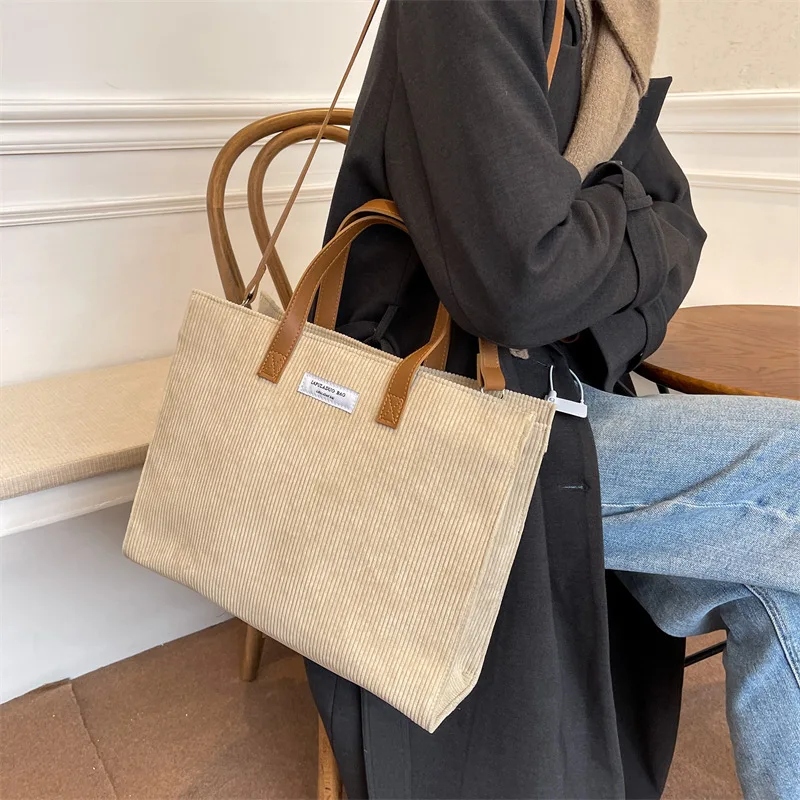 Corduroy Canvas Women Tote Ladies Casual Shoulder Bag Foldable Reusable Shopping Bags Beach Bag Female Cotton Cloth Handbag