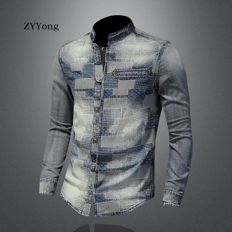 Men\'s Denim Shirt Retro Stand Collar Long Sleeve Patch Blue Plaid Patchwork Style Casual Camisas Chemise Homme Thin Coat