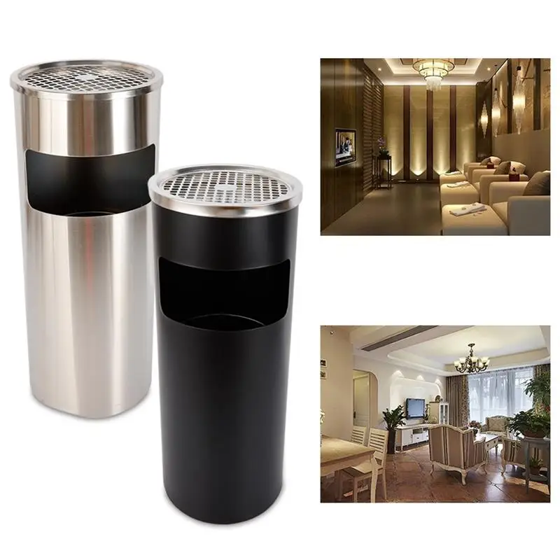 30L Practical Black / Silver Stainless Steel Vertical Ashtray with Liner Garbage Separator Office Building Hotel Trash Can