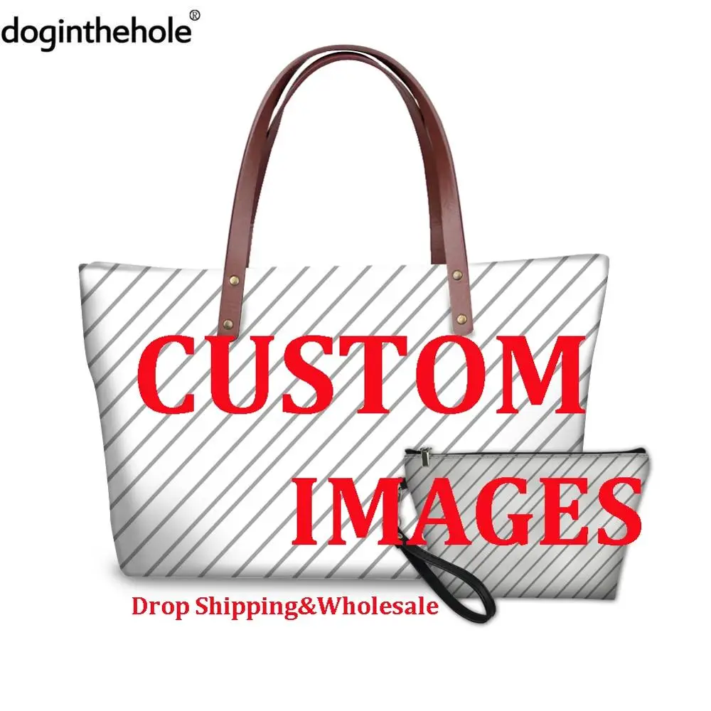 

doginthehole Custom Your Own Logo/Image/Name/Photo Print Women 2PCS Set Handbags Brand Design Lady Shopping Tote Bag Female Bags