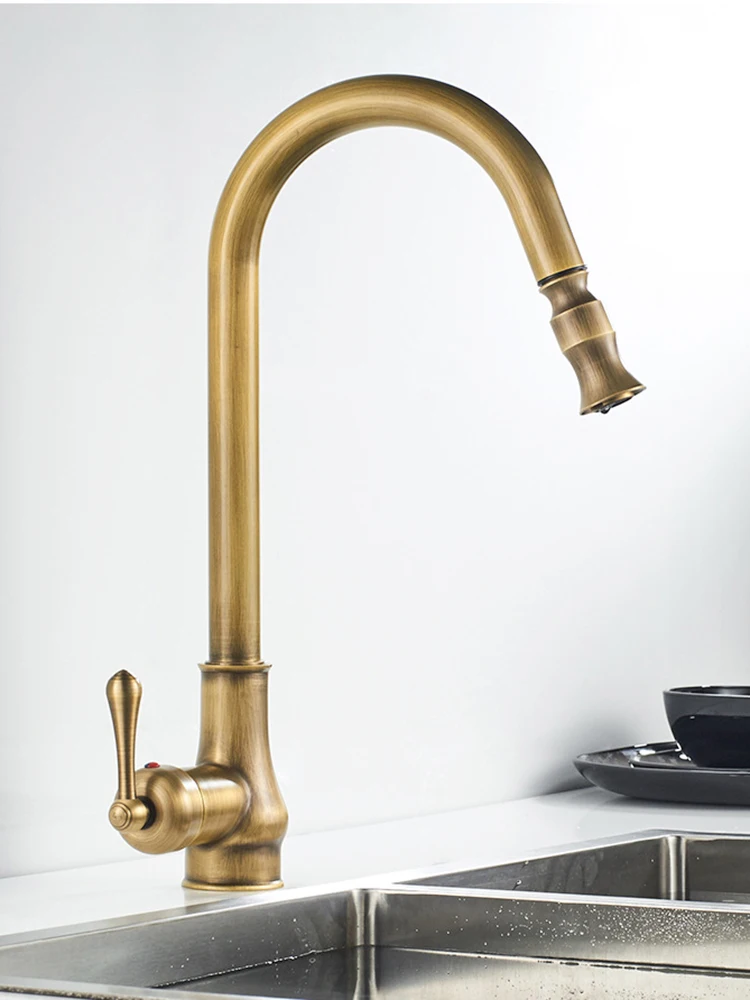 MYQualife Antique Brass Kitchen Sink Faucet Pull Down Swivel Spout Kitchen Deck Mounted Bathroom Hot and Cold Water Mixers