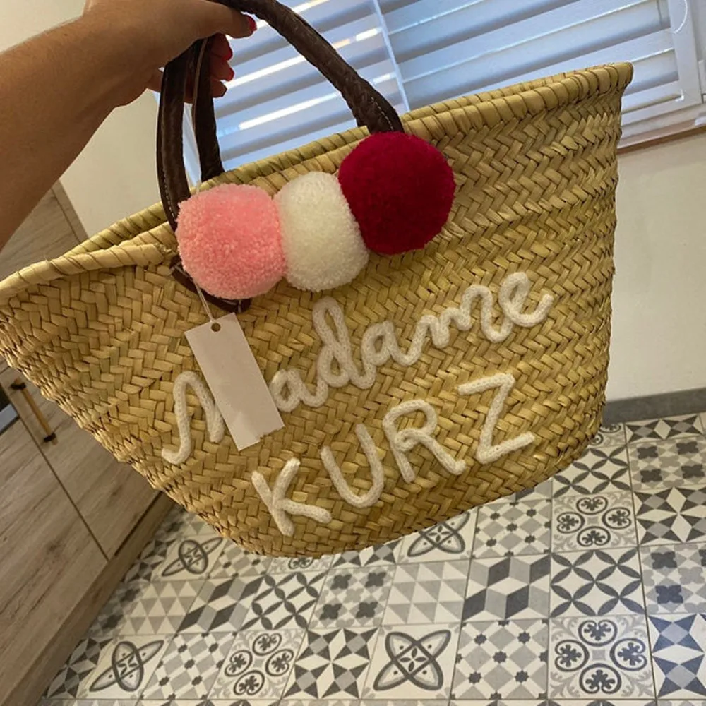 Personalised name colorful monogrammed bag ,beach straw bag, customized beach bag, personalized pompoms straw moroccan basket