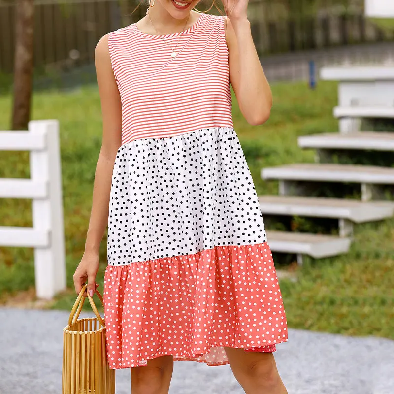 Women Polka Dot Striped Dress Sweet Pink O-Neck Sleeveless Patchwork Loose Waist Ruffles Dresses Female Summer Casual Plus Size