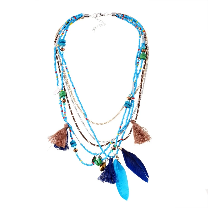 Bohemian Layers Necklaces Beads Tassel Long Ethnic Feather Statement Necklace For Women Jewelry Collar