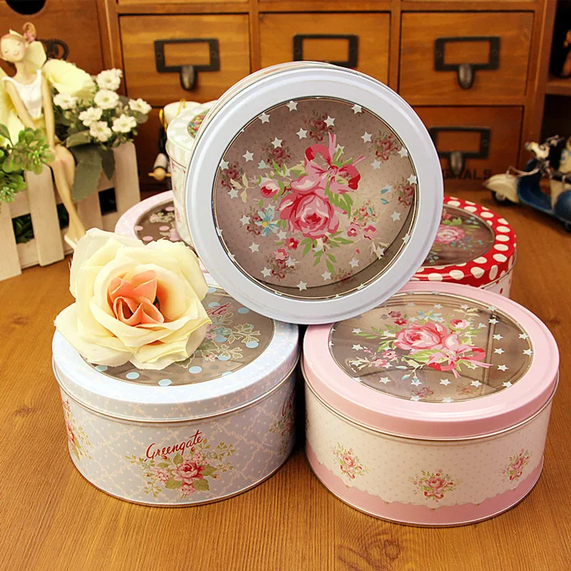 Creative Transparent Sunroof Film Tin Box Medium Floral Round Cookie Gift Box Tea Candy Jewelry Seasoning Storage Box