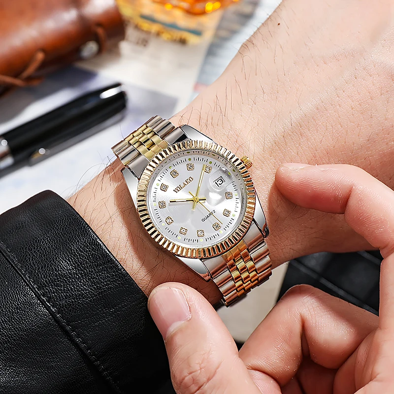 New Fashion Luxury Brand Watches Men\'s 2021 Golden Full Steel Quartz Wrist Watch For Men Date Business Clock Relogio Masculino