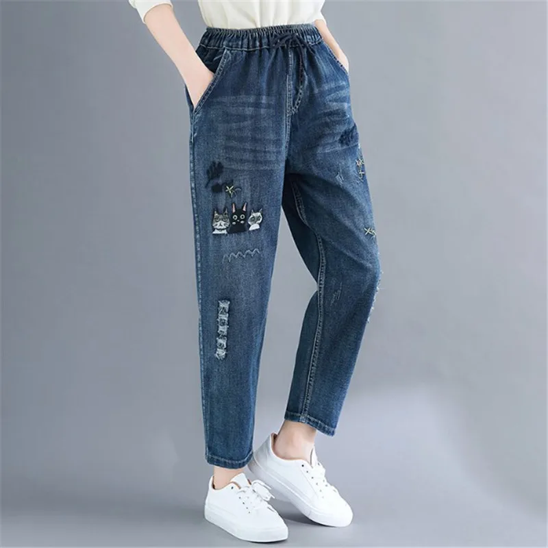 

Large Size Pants With Holes In The Tide Casual High Waist Nine Minutes Loose Embroidered Elastic Waist Denim Halon Pants