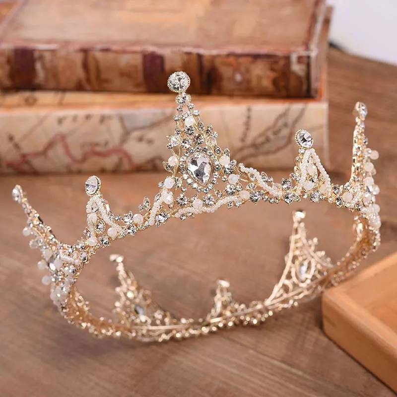 Baroque Bridal Crown Crystal Beads Full Round Tiara For Women Queen Diadem Wedding Hair Ornaments Jewelry Hair Accessories Ml