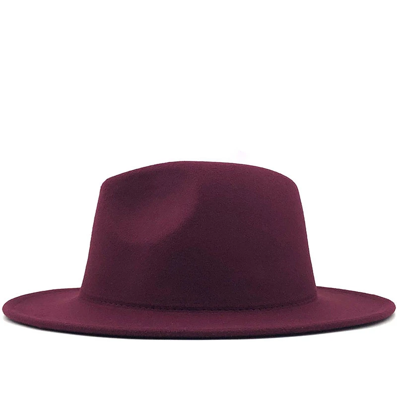 drop Outer wine red Inner Camel Wool Felt Jazz Fedora Hats with Thin Belt Buckle Men Women Wide Brim Panama Trilby Cap 56-60CM