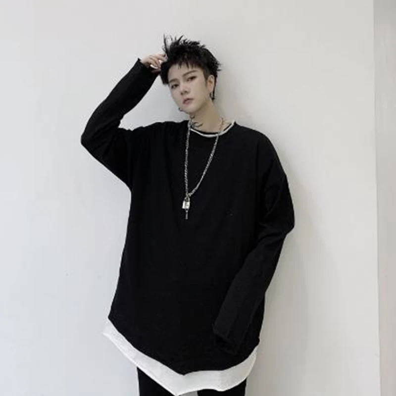 Men Black White Splice Casual Loose Long Sleeve T-shirt Male High Street Hip Hop Tops Tees Shirts