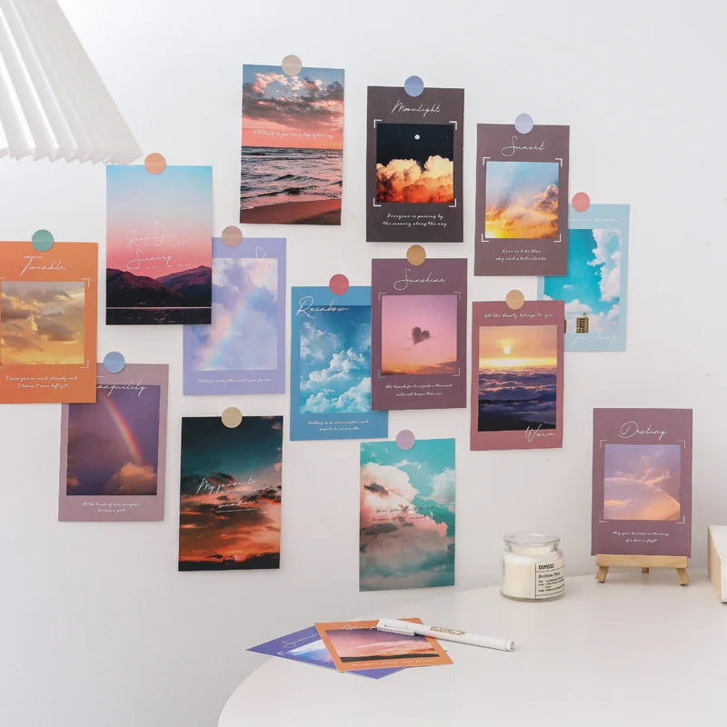 15Pcs Day Night Cloud Card Sunrise Sunset Art Postcard Simple Scenery DIY Wall Sticker Photography Props Background Stationery