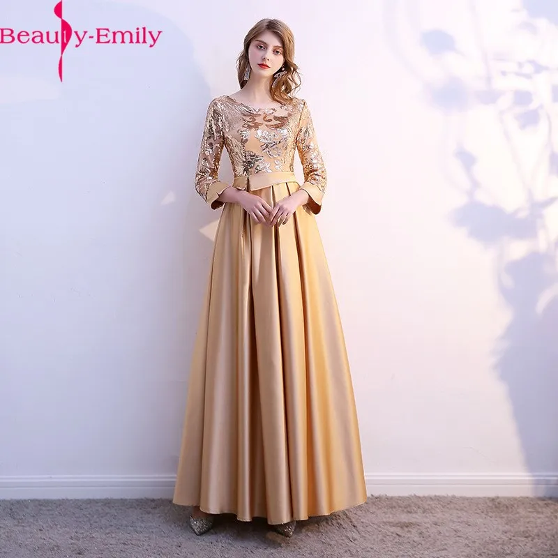 

Fashion Evening Dresses Long Simple A-Line O Neck Three Quarter Sleeve Satin Elegant Formal Party Dresses with Appliques