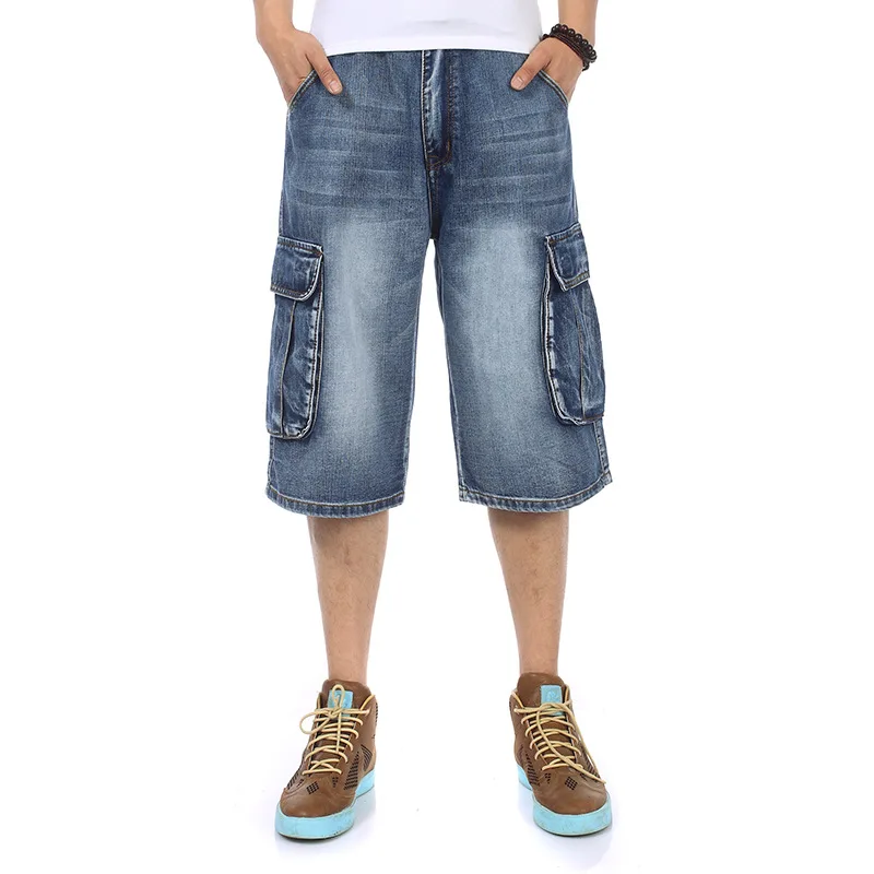 Summer 2021 Men Jeans Shorts Hip Hop Harem American Fashion Loose Baggy Cotton Multi-Pocket Denim Pants Big Size 30-46