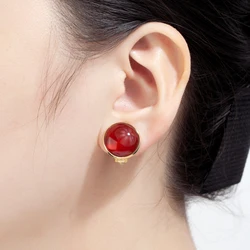 Korean Design Elegant Natural Stone Big Round Clip On Earrings Non Pierced Tiger Eye Stone Ear Clips For Women Jewelry Wholesale