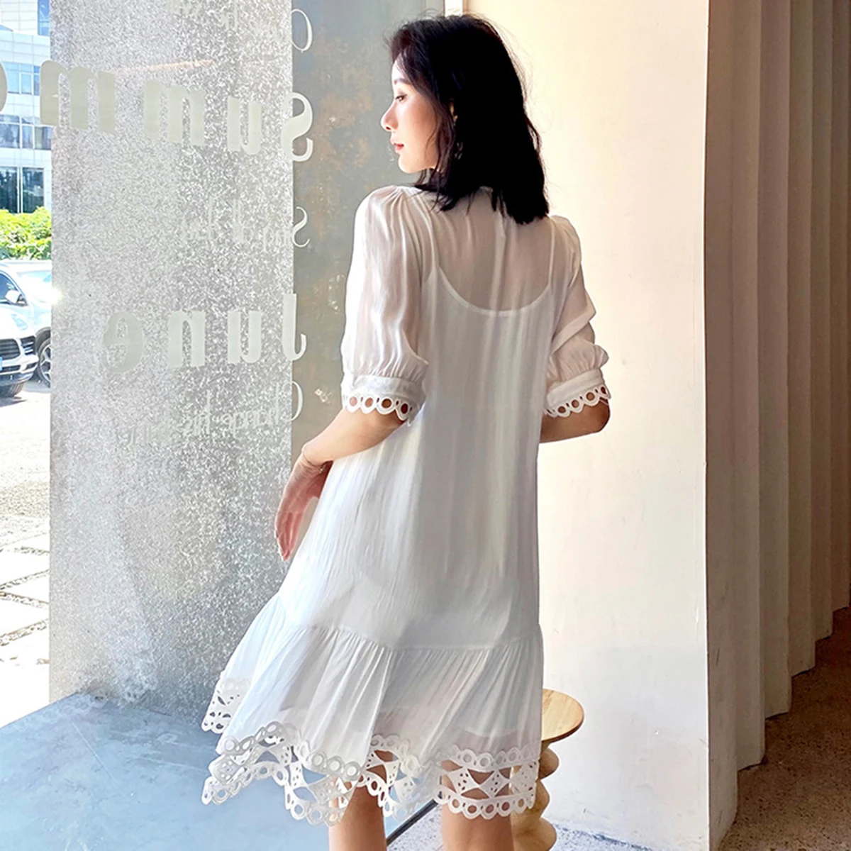 Jastie – robe mi-longue en dentelle, style Boho, ajourée, col en v, manches courtes, Slim, robes de plage, fête, vacances, été, 2022