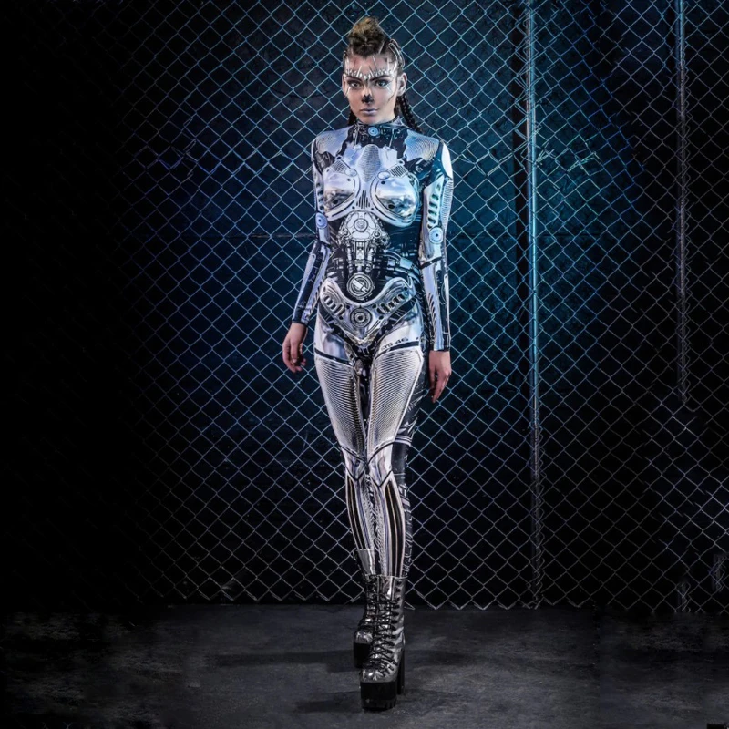 ฮาโลวีนผู้หญิง Plus ขนาดหุ่นยนต์3D พิมพ์เซ็กซี่ Bodysuits หญิงแขนยาวคอสเพลย์ Jumpsuit Punk สไตล์น่ากลัว Masquerade เครื่องแต่งกาย