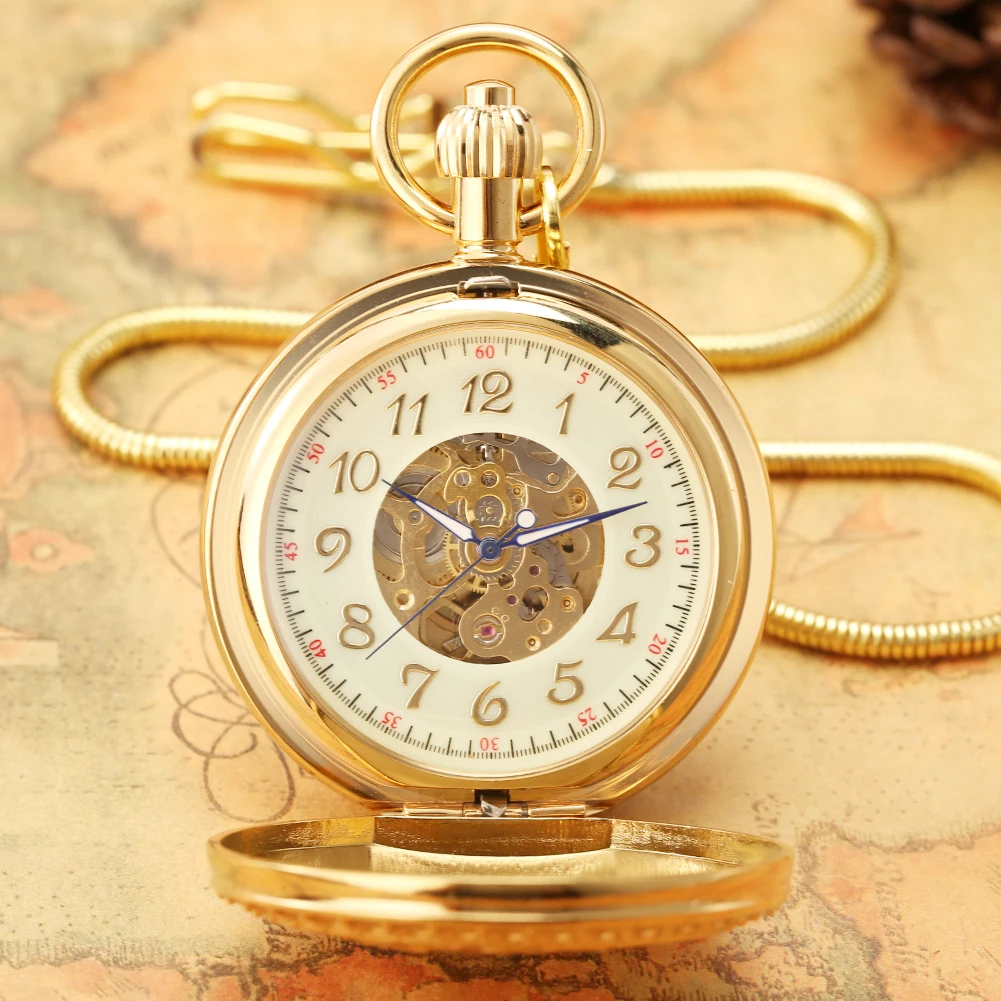 Relief Golden Pocket Watch Automatic Mechanical Movement Male Arabic Numeral Dial Alloy Pendant Pocket Watches Women Thick Chain