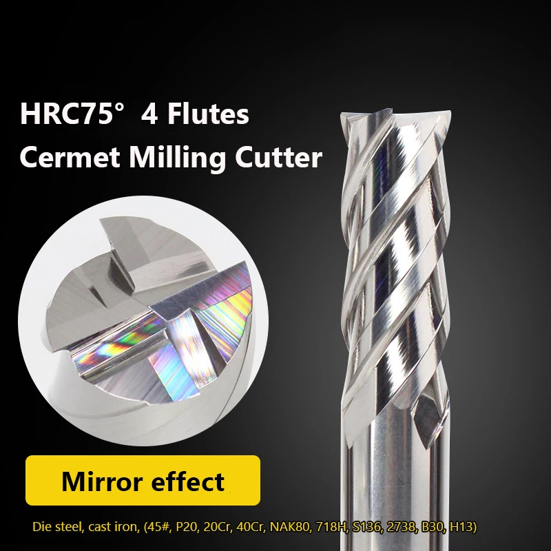 Solid Cermet Milling Cutter HRC75 4Flute CNC Flat-bottomed Super Uncoated High-Hardness Hard End Mill Ceramic End Mill