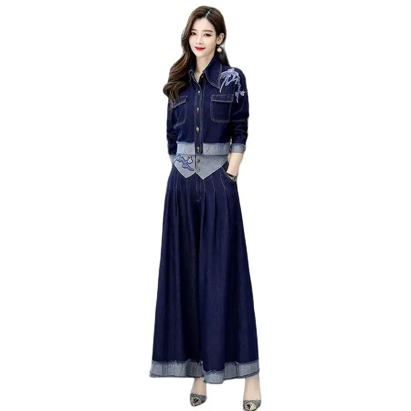 Spring Autumn Embroidered Splicing Cowboy Jacket High Waist Cowboy Wide Leg Pants Female Suit New Fashion Ladies Two-piece Suit