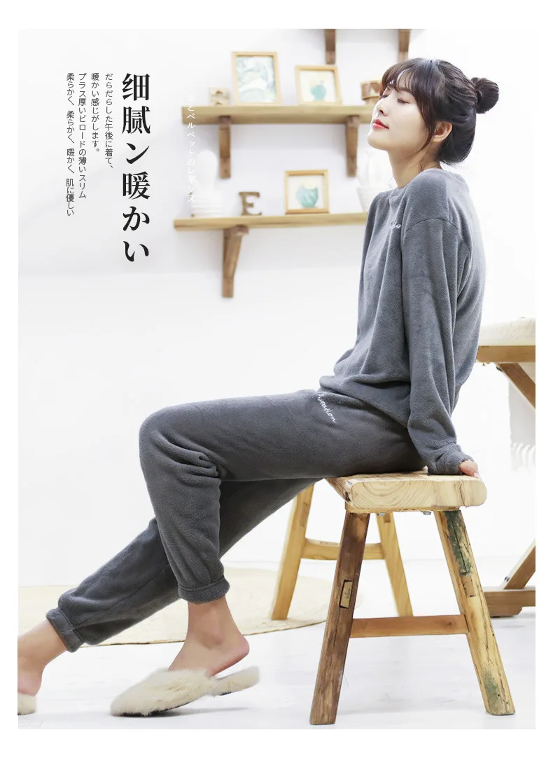 Winter Flannel Pajama Set Women Fleece Tops+Pants Pajamas Homewear Thick Warm Coral Velvet Sleep Tops Man  Nightgown Suit XL