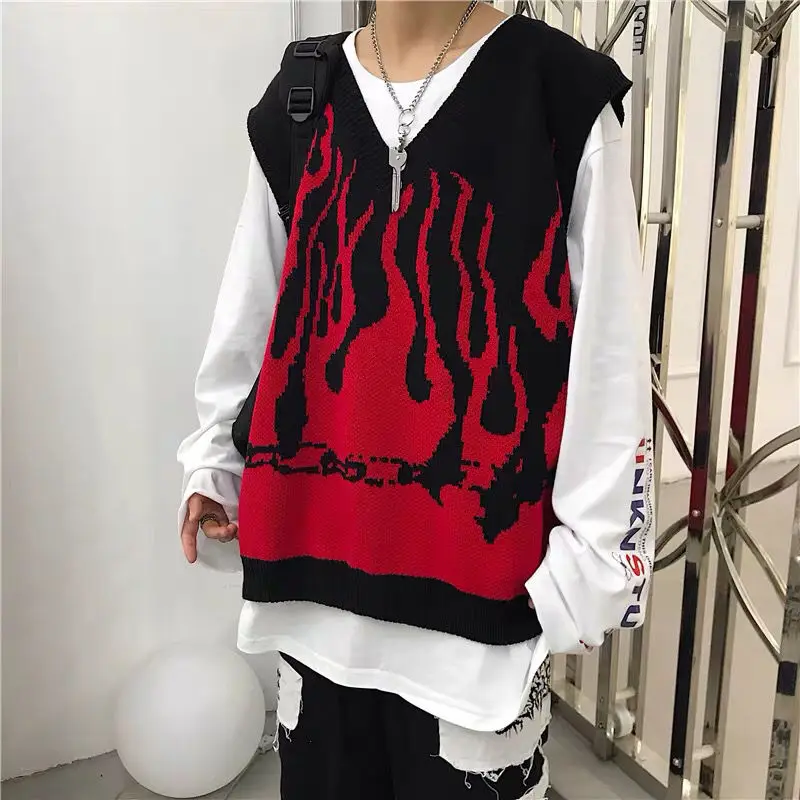 Sweater Vest Women Design Panelled High Street Harajuku V-neck Flame Pattern Knitted Sleeveless Sweaters Hip Hop Ulzzang Unisex