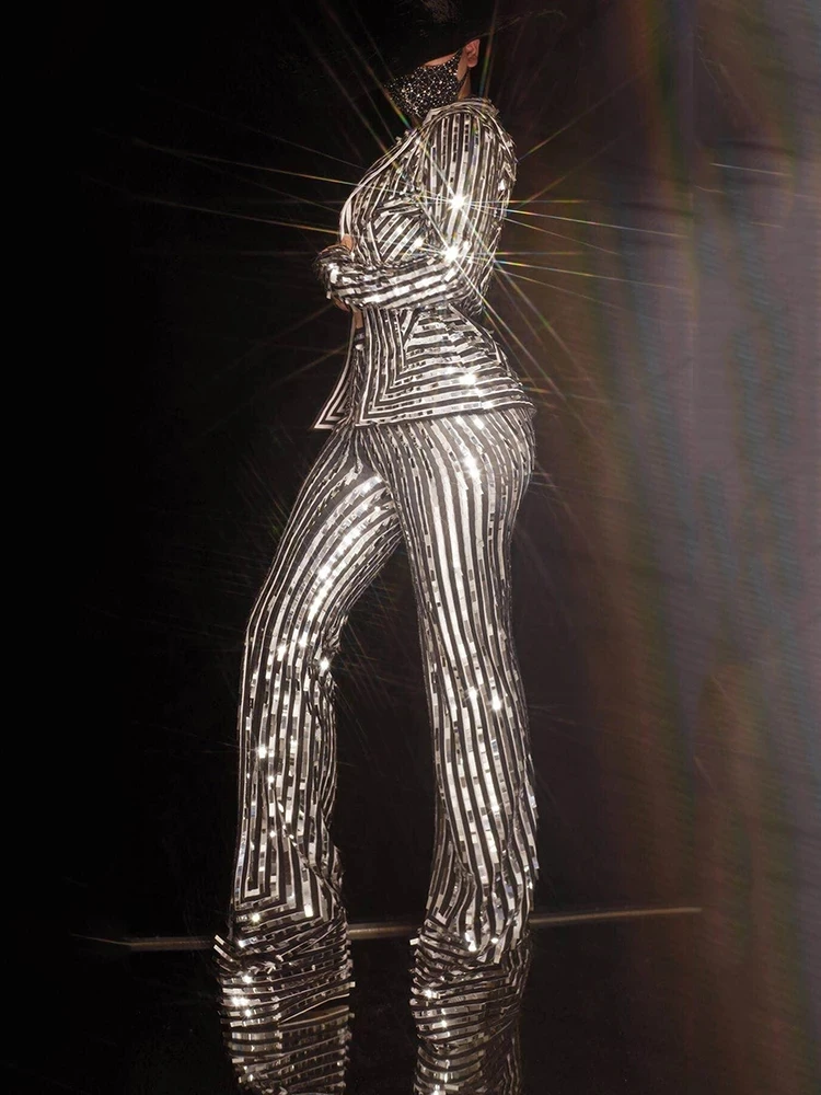 Singer Costume Silver Stripe Coat Jumpsuit Nude Print Punk Nightclub Club Evening Party Show Outfits Stage Clothing