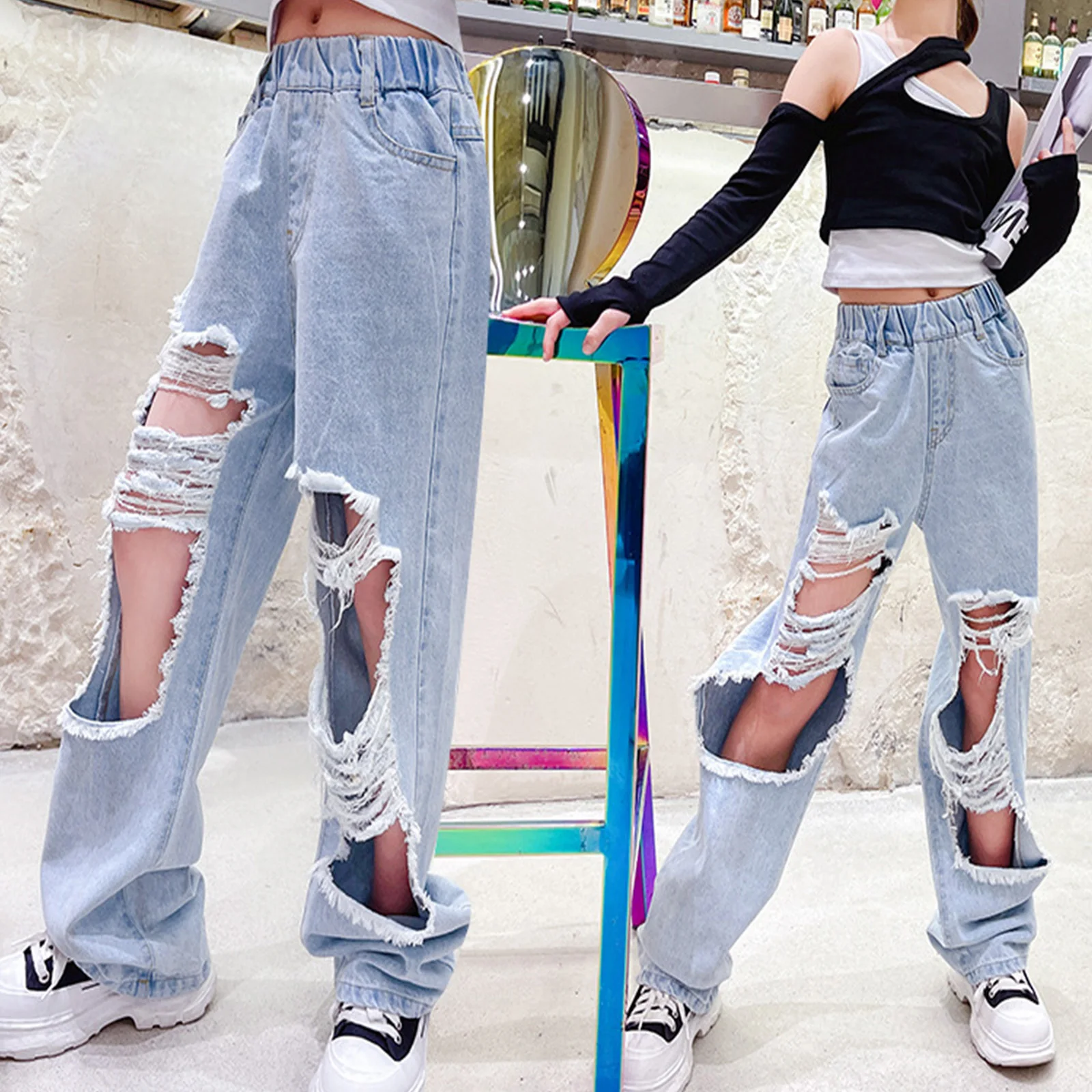 Kids Girls Children Pants Fashion Loose Ripped Jeans Elastic Waistband Pockets Wide Leg Distressed Denim Pants for Daily Wear