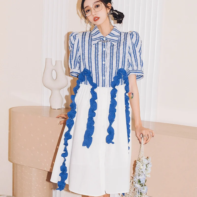 Women Summer Striped Spliced Blue Mid Dress Designer Sweet Short Sleeve Shirt Dress Single Breasted Preppy Style Ruffle Dress