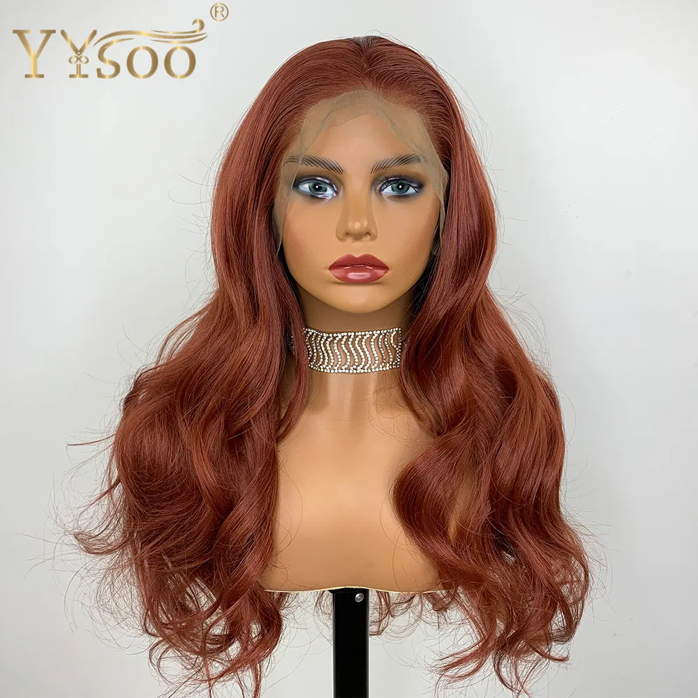 

YYsoo Long Copper Brown13x4 Japan Futura Synthetic Lace Front Wig Natural Hairline Pre Plucked 4inch Deep Part Soft Wavy Wigs