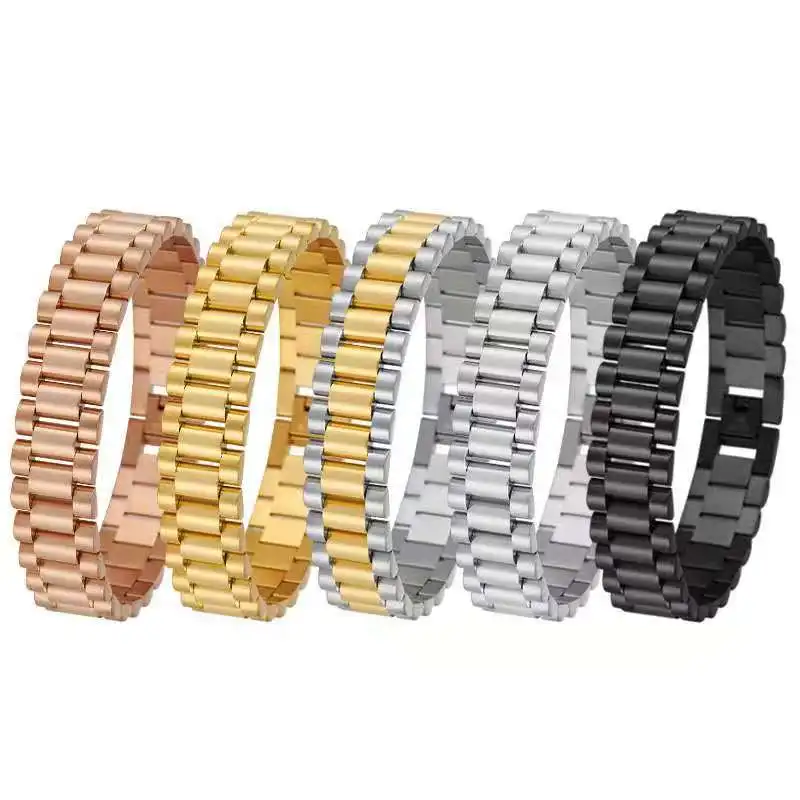 15MM Punk 18K Gold Color Watchband Bracelet Bangle For Men Women Hiphop Stainless Steel Luxury Strap Chain Bracelets Jewelry