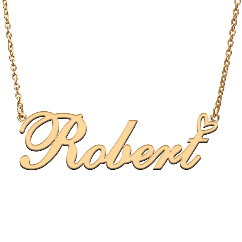 Robert Love Heart Name Necklace Personalized Gold Plated Stainless Steel Collar for Women Girls Friends Birthday Wedding Gift