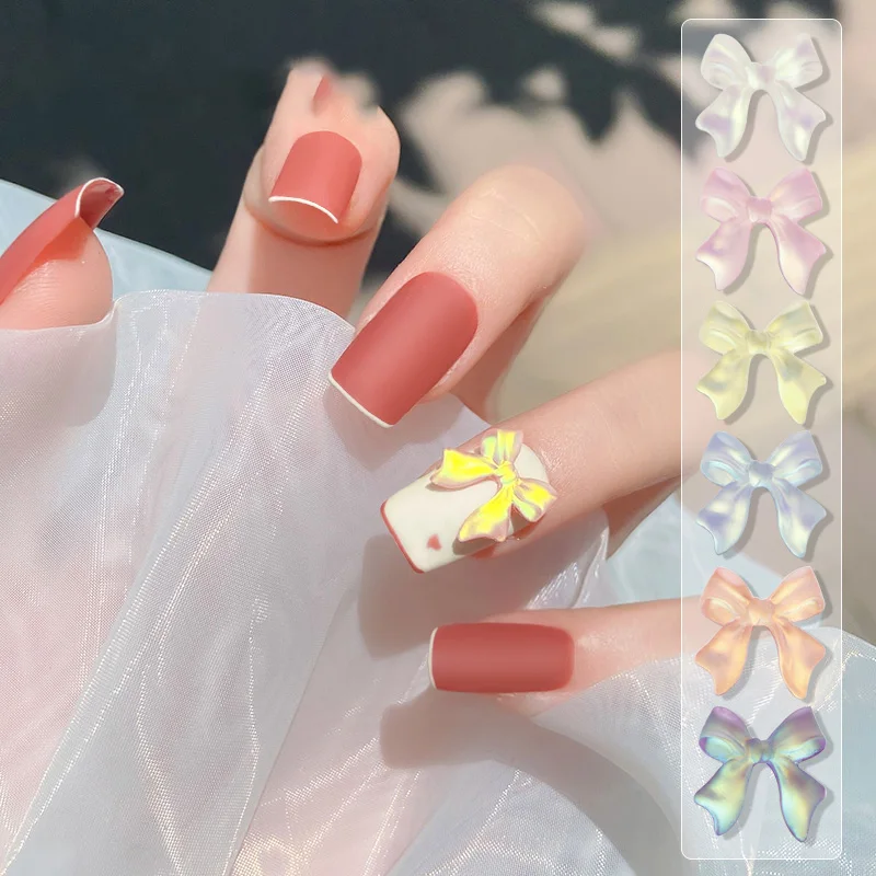 50Pcs Aurora Ribbion Bow Nail Art Decoration11x10mm Kawaii 3D Resin Bowknot Nail Charms DIY Cute Girl Acrylic Bow Tie Nail Part