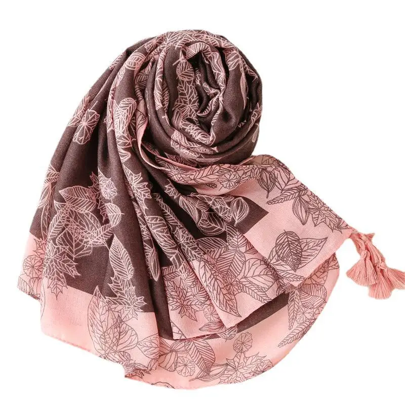 

2021 Newest Vintage Leaf Print Tassel Scarf Shawls Women Trendy Leaves Pattern Hijab Wrap 3 Color
