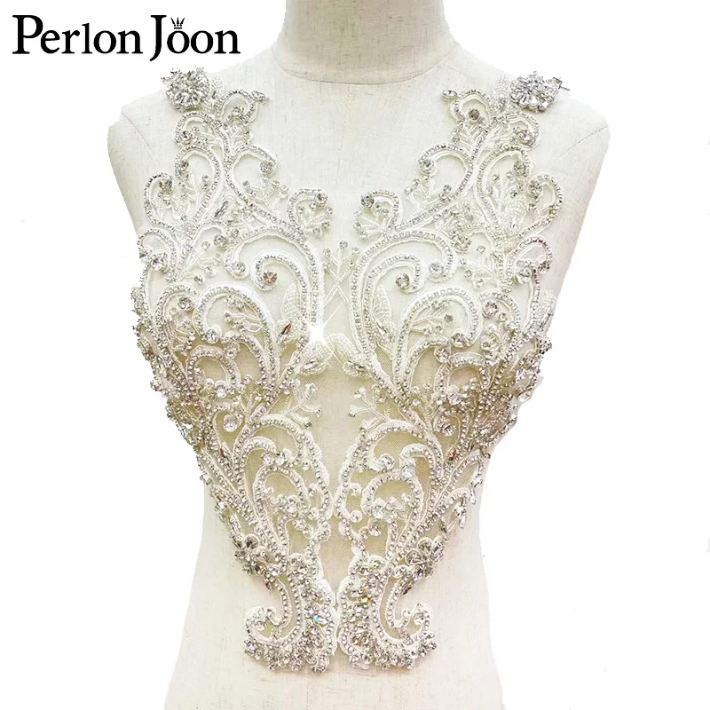 

Wholesale handmade high quality gold silver rhinestone neckline Chest applique crystal glass decoration for wedding dress WH061