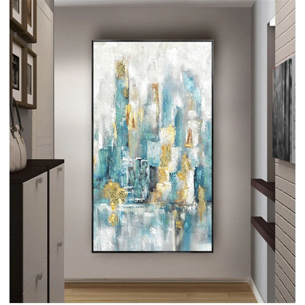 

Hot Selling Vertical Home Decor Art Picture Hand-Painted Modern Oil Paintings Gold Leaf Green Abstract City Canvas Painting Trim