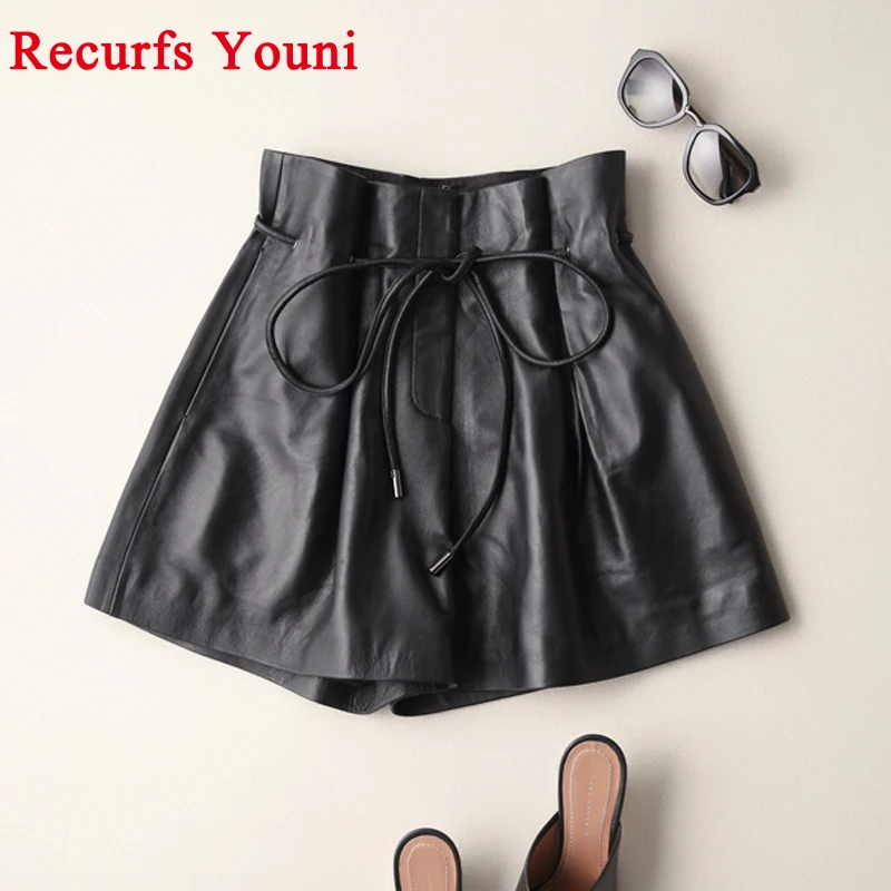 2022 Spring Ladies New Europe/America High Waist Genuine Leather Shorts Women Tether Belt Loose Wide Short Pants Street Scanties