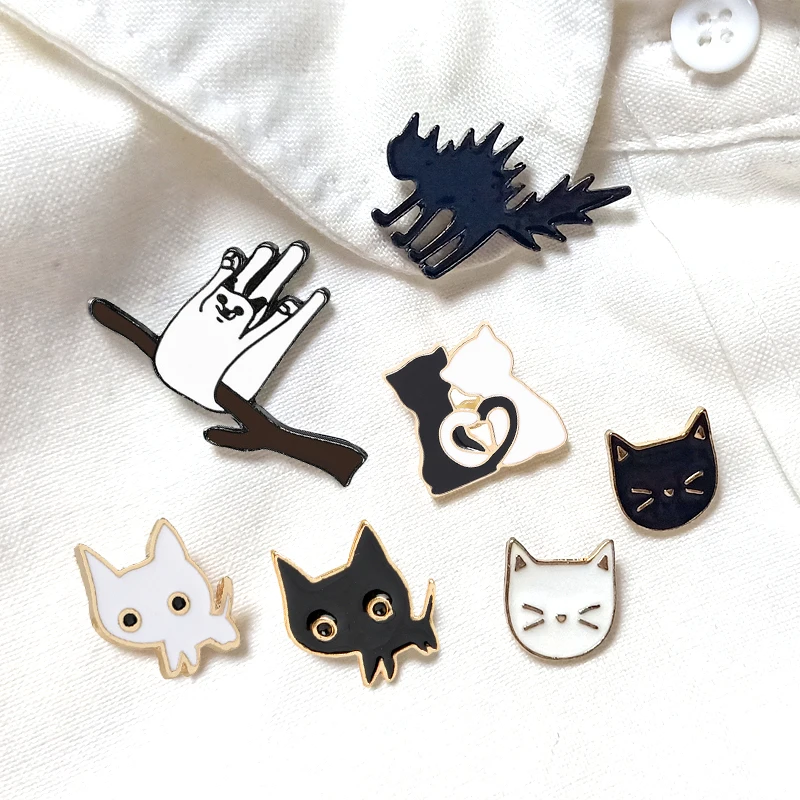 Cartoon Animal Brooches Black White Couple Cat Fish Bone Enamel Pins Clothes Collar Lapel Pin Bag Metal Badges Jewelry For Lover