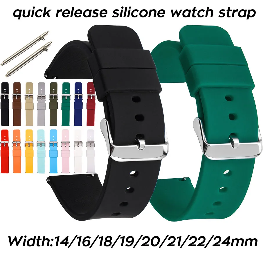 Quick Release Pins Silicone Watch Strap 14 16 18 19 20mm 21 22mm 24mm Waterproof Soft Rubber Smart Watch Band Wrist Bracelet ZGJ