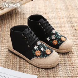 Veowalk Daisy Embroidered Women Linen Cotton High Top Lace Up Espadrilles Sneakers Ladies Comfortable Casual Flat Booties Shoes