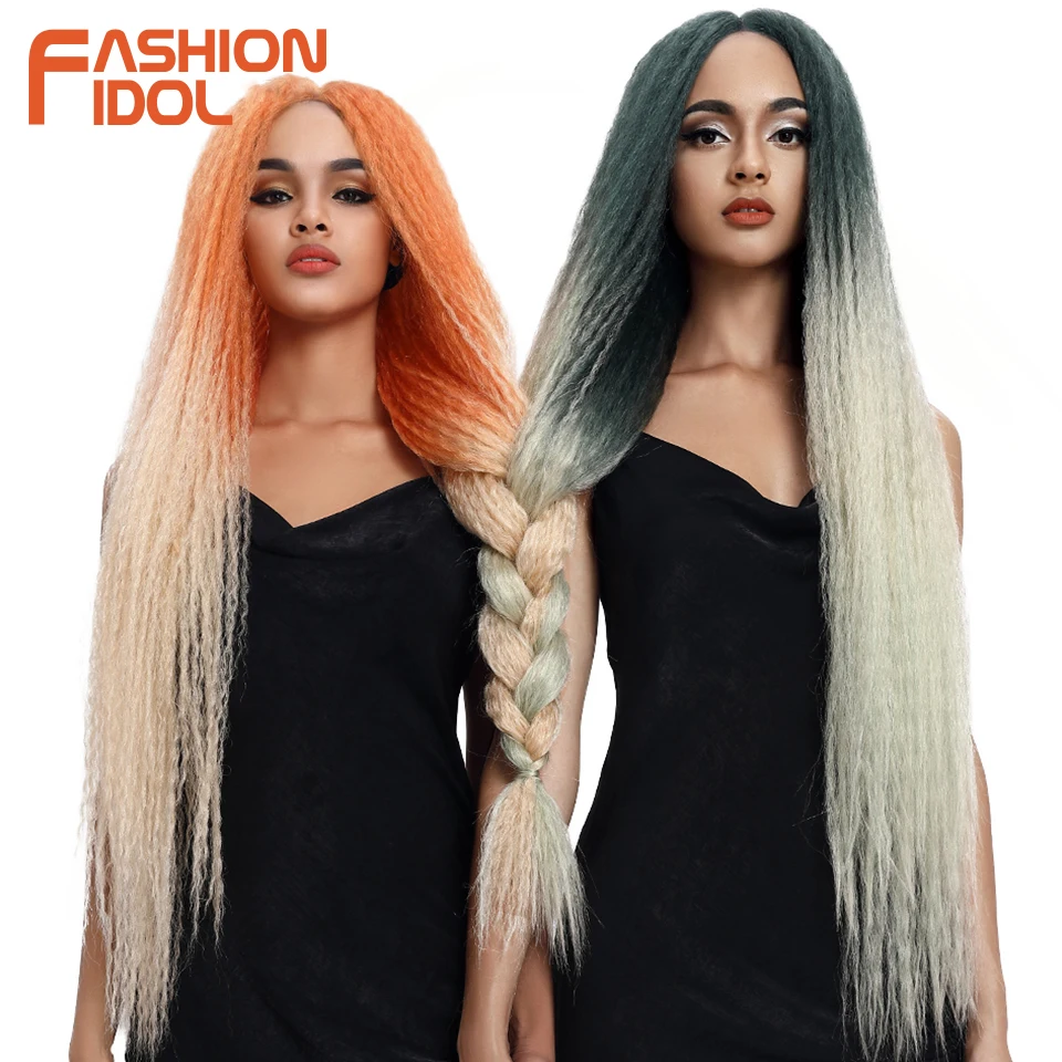 FASHION IDOL Afro Kinky Straight Hair Synthetic Long Braided Wigs Cosplay 38 inch Lace Wigs For Black Women Ombre Pink Green Wig