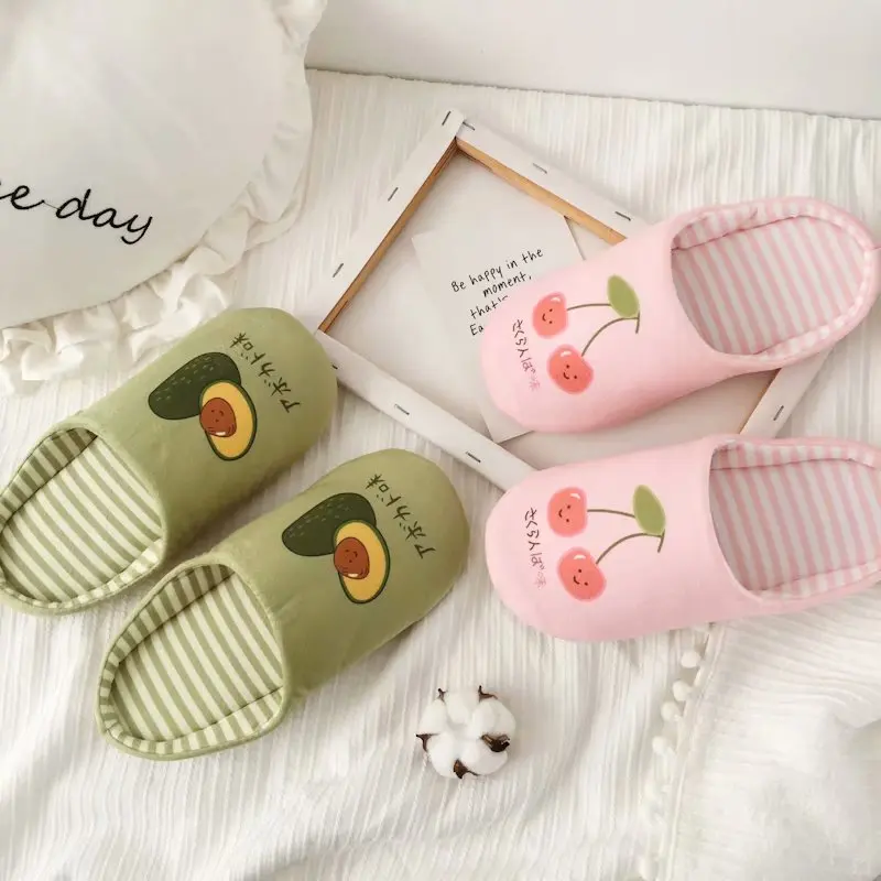 Lovely Fruit Series Home-Printed Slippers Pink Cherry and Green Avocado Home Slippers Ladies’ Home-Keeping Fruit Slippers